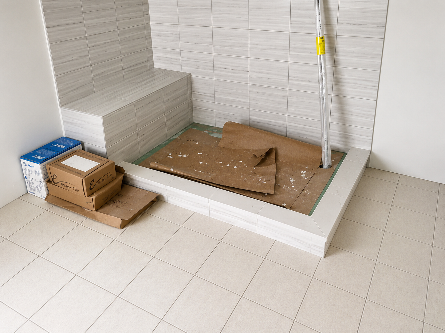 Tiled shower pan installation in progress