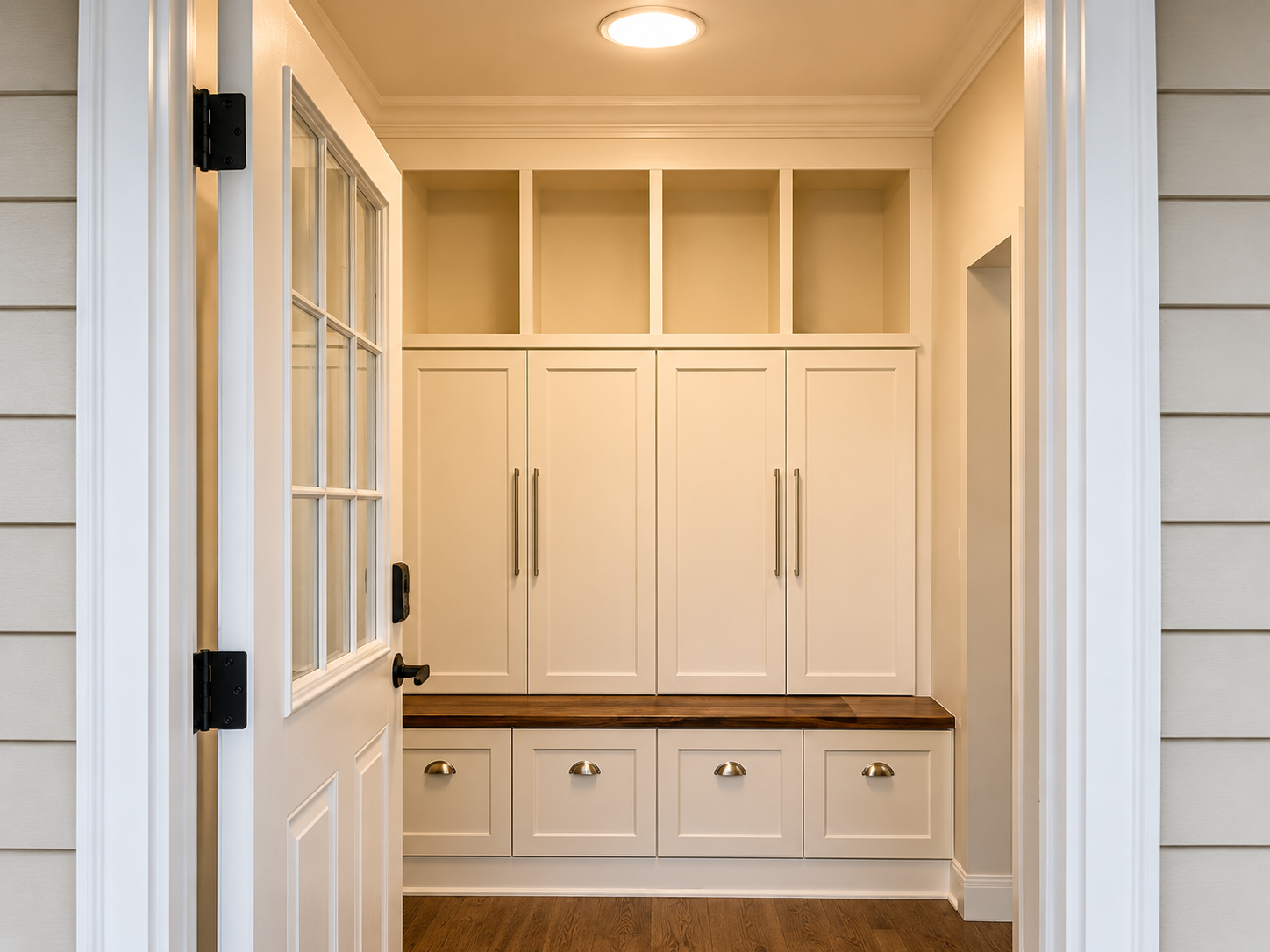 Custom mudroom built-in lockers with wood bench