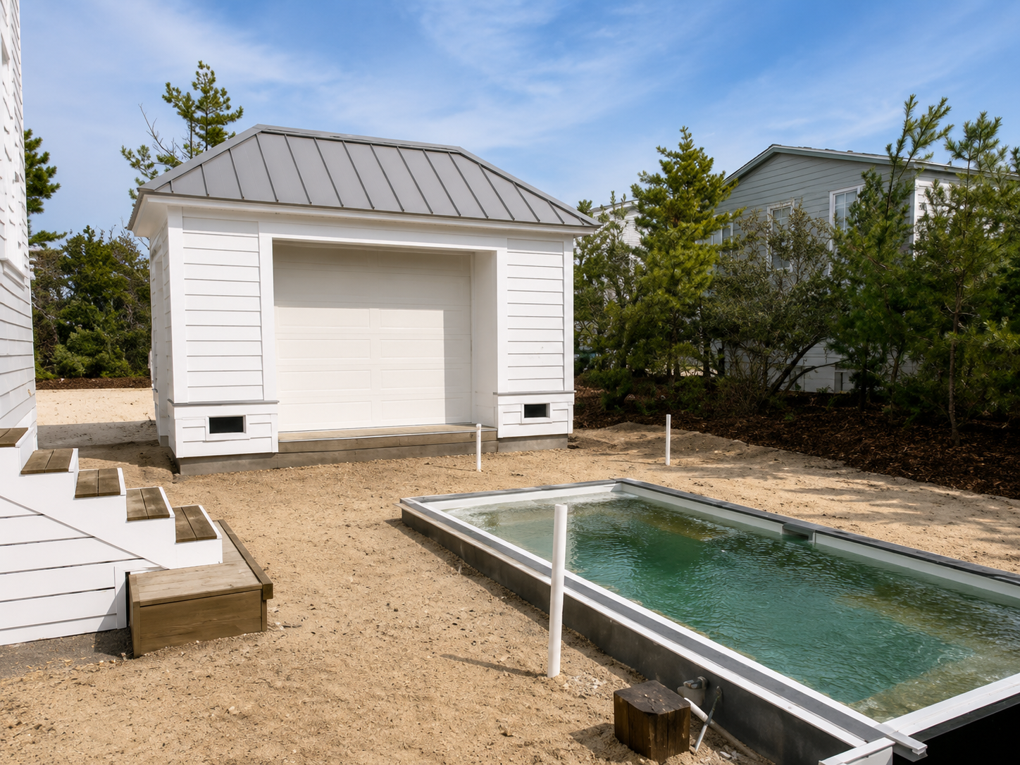 White pool house exterior with standing-seam metal roof